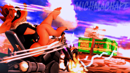 bottomless butt butt_focus clothed clothing crashing crate eyewear feet fire gloves green_eyes handwear jacket jacket_only lightning_bolt looking_at_viewer male mohawk motocross motorcycle orange_body skull_symbol sky skyscape smile smiling_at_viewer solo speed_lines speedo swimwear tongue topwear topwear_only vehicle michmachape activision crash_bandicoot_(series) crash_bandicoot bandicoot mammal marsupial 3d_(artwork) digital_media_(artwork) hi_res