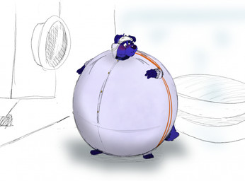anthro biped blue_body blue_fur blueberry_inflation blush body_inflation clothed clothing coveralls embarrassed eyewear eyewear_on_head fur goggles goggles_on_head inflation inside looking_down looking_down_at_self male solo spherical_inflation standing swollen_cheeks tight_clothing worried tumble-dry charlie_and_the_chocolate_factory canid canine canis domestic_dog mammal hi_res