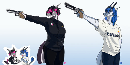anthro blue_eyes blue_hair chibi duo female gun hair horn male marksman pink_eyes pride_color_flag ranged_weapon simple_background weapon whiskers litehase mythology hase_(litehase) lite_(litehase) aquatic dragon eastern_dragon fish mythological_creature mythological_scalie scalie shark hi_res herm_(lore) maleherm_(lore)