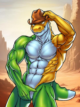 abs adjusting_hat anthro biceps candy clothing cowboy_hat desert dessert empty_eyes food front_view green_body hand_on_crotch hat hat_only headgear headgear_only headwear headwear_only looking_at_viewer male mostly_nude muscular muscular_anthro muscular_male nude obliques outside pecs serratus sky smile smiling_at_viewer solo tail white_body white_eyes yellow_body decay_reel glitch_productions the_amazing_digital_circus gummigoo_(tadc) crocodile crocodilian food_creature living_candy reptile scalie 2024 digital_media_(artwork) portrait three-quarter_portrait