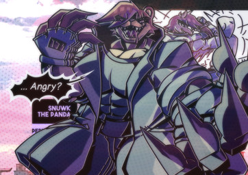 anthro clothed clothing comic_panel duo_in_panel facial_scar fighting_over_boy growth gun male male_anthro motion_lines movement muscle_growth nails pose ranged_weapon robber scar scars_all_over solo_focus teasing teasing_viewer teeth teeth_showing text_box thief tongue weapon snuwkthelewd darkson_(berettiger26) bear brown_bear human mammal ursine 2025 hi_res
