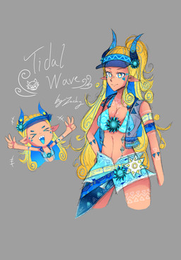 anthro bikini bikini_bottom bikini_top blonde_hair breasts clothing female hair horn solo swimwear tan_body tattoo two-piece_swimsuit demon humanoid hi_res