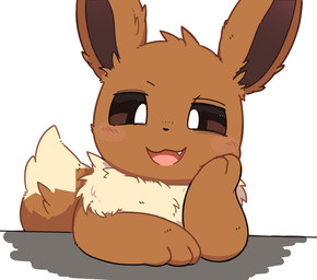 ambiguous_gender arm_support blush brown_body brown_eyes brown_fur cute_fangs dipstick_tail fangs feral fluffy fur hand_on_cheek inner_ear_fluff kemono leaning_on_elbow looking_at_viewer markings neck_tuft open_mouth open_smile paws ruff simple_background smile smug solo tail tail_markings tan_body tan_fur teeth tongue tuft white_background inukami_hikari nintendo pokemon eevee generation_1_pokemon pokemon_(species) 2025 digital_media_(artwork) hi_res icon portrait reaction_image translated_description