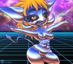 2018 abs amber_eyes breasts chrome fangs female grid hi_res humanoid imp iqua_kicks muscular muscular_female muscular_humanoid nipples not_furry short_stack solo standing synthwave teeth vrabo