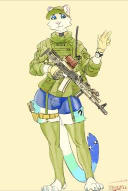 ak_platform anthro assault_rifle boxer_briefs bulge bulletproof_vest clothed clothing collar electronics eyeshadow femboy garter_straps gesture gorka_suit gun hand_gesture hat headgear headwear legwear makeup male plantigrade radio ranged_weapon rifle solo standing stockings tactical_gear topwear underwear v_sign vest weapon weapon_holster wombatworks elcan_optical_technologies felid mammal pantherine snow_leopard hi_res