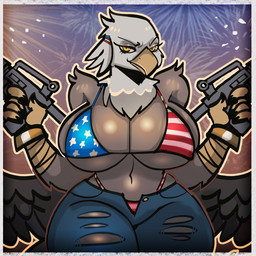 accessory ak-47 ak_platform american_flag_bikini anthro assault_rifle big_breasts bikini bikini_thong bottomwear breasts brown_body brown_feathers claws clothed clothing cocky feathers female fireworks flag_bikini flag_swimwear gun hair_accessory hair_tie holidays huge_breasts looking_at_viewer markings open_bottomwear open_clothing open_pants pants ranged_weapon rifle sky smile smiling_at_viewer solo spread_wings standing star_(marking) swimwear thick_thighs torn_bottomwear torn_clothing torn_pants two-piece_swimsuit weapon white_body white_feathers wide_hips wings wristband yellow_eyes mister_feelgood 4th_of_july accipitrid accipitriform avian bald_eagle bird eagle sea_eagle 1:1 2026 hi_res