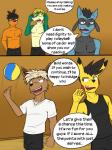 3:4 anthro anthrofied ball booster_(fuze) bottomwear clothed clothing comic cooper_(fuze) dialogue eevee english_text forest_(fuze) fuze generation_1_pokemon generation_4_pokemon generation_5_pokemon group hi_res male max_(fuze) navel nintendo nipples pikachu pokemon pokemon_(species) riolu shirt shorts skyler_(fuze) snivy speech_bubble sport tank_top tepig text topless topwear volleyball volleyball_(ball)