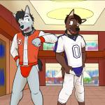 anthro clothed clothing collar duo football_jersey football_pants football_uniform jacket jockstrap letterman_jacket male male/male matching_clothing matching_outfits matching_underwear number pantsless shirt topwear underwear undressing fuze duke_(fuze) canid canine canis coyote hybrid mammal wolf story story_in_description