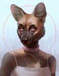 anthro brown_body brown_fur brown_nose clothed clothing collar female front_view fur glistening glistening_eyes looking_aside mouth_closed orange_body orange_fur pink_collar pink_eyes pupils red_pupils simple_background solo topwear white_clothing white_topwear marie_merkh african_wild_dog canid canine mammal artist_name bust_portrait hi_res portrait