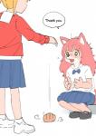 2019 anthro bodily_fluids bow_(feature) bow_tie bread canid canine clothed clothing comic crouching dialogue duo english_text female flying_sweatdrops food fox fur_(theterm) human kate_(theterm) kemono mammal school_uniform simple_background standing sweat sweatdrop text theterm uniform white_background young young_anthro young_female young_human