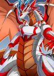 anthro brown_body brown_scales horn male membrane_(anatomy) membranous_wings red_body red_eyes red_scales scales simple_background solo spikes tail white_body white_scales wings yellow_sclera dragonryuusuki dragon_drive mythology senkoukura dragon mythological_creature mythological_scalie scalie absurd_res hi_res