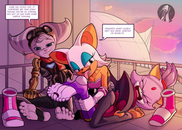 anthro feet female foot_lick group licking soles speech_bubble stirrup_legwear text tickling toes tongue trio two_against_one imtheguy97 ratchet_and_clank sega sonic_the_hedgehog_(series) sony_corporation sony_interactive_entertainment blaze_the_cat rivet_(ratchet_and_clank) rouge_the_bat bat domestic_cat felid feline felis lombax mammal absurd_res hi_res