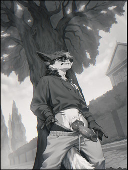 animal_genitalia animal_penis anthro big_penis bite biting_lip black_border border canine_genitalia canine_penis clothing eyewear genitals glasses hoodie knot male nervous nervous_look penis plant public public_erection public_exposure solo topwear tree underwear kounalix rocketfocks canid canine fox mammal 3:4 hi_res