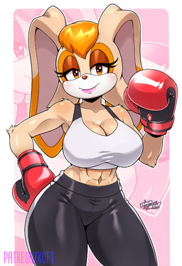 abs anthro boxing_gloves boxing_shorts bra clothing female half-closed_eyes handwear lipstick makeup narrowed_eyes solo sports_bra underwear demonandwolf sega sonic_the_hedgehog_(series) vanilla_the_rabbit lagomorph leporid mammal rabbit watermark