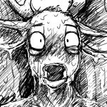 1:1 anthro antlers black_and_white blush bodily_fluids deer hi_res hladilnik horn male mammal monochrome reaction_image solo sweat