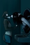 2018 2:3 anthro black_hair black_sclera boop bottomwear breasts brush brushing brushing_teeth canid canine canis carol_(hladilnik) clothed clothing creepy daniel_(hladilnik) domestic_dog duo female fur ghost hair happy haunted hi_res hladilnik inside long_hair long_mouth male male/female mammal mirror nipples nose_to_nose scared shirt shorts side_boob sink smile spirit tank_top through_wall toothbrush topwear wolf