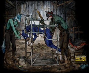 anthro barn biped bodily_fluids body_manipulation boots clothing cutting dirty doctor drugs electrojac farm feces fisting footwear forced gloves group handwear male male/male manipulation medical medical_gloves muck mud penetration rape rape_rack sawing sex shoes side_view torture trio veterinarian jeffusherb bluefox_(theonlybluefox) cariblou_(whatisdamatter) stihl canid canine canis deer fox mammal new_world_deer reindeer wolf digital_media_(artwork) hi_res