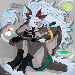 1_horn abs anthro armband ball bone claws clothed clothing dialogue fingerless_gloves frisbee gift gloves gold_armband hair handwear horn humanoid_hands long_hair male multi_ear muscular muscular_anthro muscular_male solo tail tail_tuft tennis_ball text topless topless_anthro topless_male tuft white_hair yellow_eyes chlorici42683 dislyte lilith_games sui_zai_(dislyte) nian_(species) 1:1 english_text hi_res