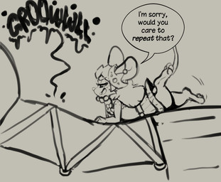 anthro belt belt_buckle big_breasts breasts buckle buckteeth clothed clothing corset crown dominant dominant_female dress duo extreme_size_difference eyelashes female female/female flower freckled_face freckled_shoulders freckles gesture hair headgear lingerie long_eyelashes long_hair lying micro motion_lines mouse_tail on_front plant pose posed rumbling_stomach side_view size_difference smug smug_face teasing teeth text topwear muhny lily_(muhny) princess_nino_(muhny) mammal mouse murid murine rodent english_text