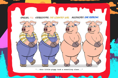 1980s_theme accessory_only anthro blood blue_clothing blue_overalls bodily_fluids boots bow_(feature) breasts bright_colors clothing curled_tail farmer featureless_breasts female flannel_shirt footwear hands_together head_tuft horror_(theme) humor navel no_genitals nude overalls overweight overweight_female pointy_ears pose quote raised_leg shoes smile snout solo tail text tuft alystairphantem the_party_animals phoebe_hamilton_(the_party_animals) domestic_pig mammal suid suine sus_(pig) 3:2 absurd_res english_text hi_res model_sheet