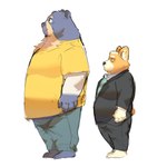 anthro biped black_nose bottomwear brown_body clothing duo humanoid_hands male necktie overweight overweight_male pants shirt simple_background size_difference topwear lentejota6 bear canid canine canis domestic_dog mammal short-faced_bear spectacled_bear 1:1 2022 absurd_res hi_res