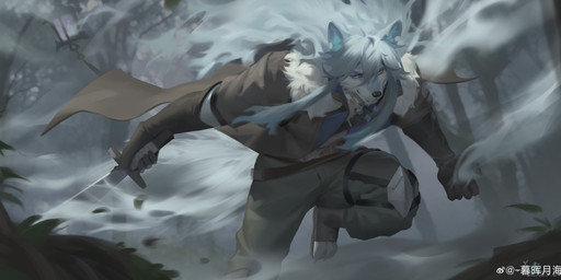 anthro black_clothing black_gloves black_handwear black_nose blue_body blue_eyes blue_fur blue_hair bottomwear brown_clothing brown_topwear clothed clothing fur gloves green_bottomwear green_clothing green_pants hair handwear holding_melee_weapon holding_object holding_sword holding_weapon lamp lantern looking_at_viewer male male_anthro melee_weapon mouth_closed outside pants plant running solo sword topwear tree weapon white_body white_fur awaldkize canid canine mammal absurd_res hi_res