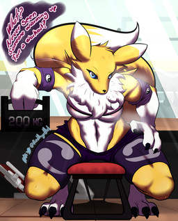 3_fingers 3_toes anthro blue_eyes breasts dialogue exercise feet female fingers front_view fur looking_at_viewer neck_tuft nipple_slip solo text toes tuft weightlifting window workout yellow_body yellow_fur redangelart bandai_namco digimon twitter canid digimon_(species) mammal renamon absurd_res english_text hi_res signature