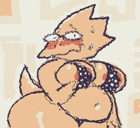 anthro areola areola_slip big_breasts blush bodily_fluids breasts eyewear female glasses polka_dot_bra polka_dot_panties polka_dot_underwear scales slightly_chubby slightly_chubby_anthro slightly_chubby_female solo squigglevision sweat sweatdrop thick_thighs yellow_body yellow_scales yenvudu undertale_(series) alphys reptile scalie 2025 animated digital_media_(artwork) hi_res wigglypaint_(artwork)
