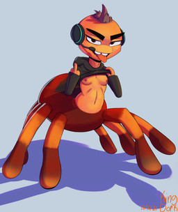8_legs anthro black_clothing black_hoodie black_topwear blue_background breasts brown_body brown_eyes clothed clothing clothing_lift electronics female gesture hand_gesture headgear headphones headset hoodie looking_at_viewer middle_finger navel nipples shirt shirt_lift simple_background small_breasts solo striped_legs tan_body teeth tooth_gap topwear kingdorkster dreamworks the_bad_guys ms._tarantula_(the_bad_guys) arachnid arachnid_taur arthropod arthropod_taur mygalomorph spider spider_taur tarantula taur 2021 absurd_res digital_media_(artwork) hi_res