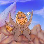anthro bazelgeuse brown_body brown_skin capcom dialogue dragon english_text european_mythology female flying_wyvern hi_res iguanasarecool monster_hunter mountain mythological_creature mythological_scalie mythology open_mouth orange_eyes outside rock scales scalie solo speech_bubble tail teeth text thick_thighs western_dragon wide_hips wings wyvern