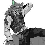 anthro athletic athletic_anthro athletic_male black_sclera bulletproof_vest eyewear eyewear_on_head fur goggles goggles_on_head green_eyes grey_body grey_fur looking_at_viewer male solo white_body white_fur viosgit canid canine canis mammal wolf 1:1 2022 digital_media_(artwork) digital_painting_(artwork) hi_res