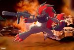 aircraft claws dog_tags explosion gun helicopter knife male mp7 name_tag night ranged_weapon solo tank vehicle war weapon senz nintendo pokemon canid canine generation_5_pokemon humanoid mammal pokemon_(species) zoroark 2016 hi_res