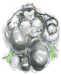 abs anthro clothing green_eyes hoodie male muscular muscular_anthro muscular_male pecs red_sclera shirtless solo thick_thighs topwear caffeinecanine lifewonders live_a_hero monomasa canid canine canis domestic_dog husky mammal nordic_sled_dog spitz hi_res