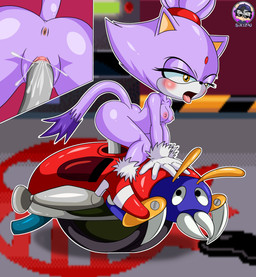 accessory anthro anus areola breasts cat_tail clothing duo female footwear footwear_only fur genitals gloves hair_accessory handwear machine male male/female mostly_nude nipples open_mouth penetration purple_body purple_fur shoes shoes_only tongue vaginal vaginal_penetration vulva yellow_eyes sirjzau project_x_love_potion_disaster sega sonic_the_hedgehog_(series) blaze_the_cat arthropod felid feline mammal motobug robot absurd_res hi_res