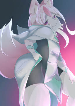 anthro black_nose butt clothed clothing female fluffy fluffy_tail fur hair inner_ear_fluff long_hair looking_at_viewer pink_body pink_fur pink_hair purple_eyes solo tail translucent translucent_hair tuft white_body white_fur neko_kaminari80 brand_new_animal studio_trigger nazuna_hiwatashi canid canine fox mammal 2020 portrait three-quarter_portrait