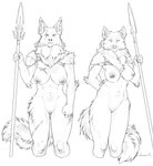 5_fingers anthro armor athletic athletic_anthro athletic_female big_breasts breast_scar breasts duo fangs female fingers fur genitals humanoid_hands melee_weapon nipples nude nude_anthro nude_female pauldron polearm pussy smile spear tail teeth weapon graphite_midnight canid canine canis domestic_dog german_shepherd herding_dog mammal pastoral_dog wolf 2024 hi_res monochrome signature