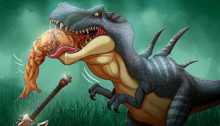 abdominal_bulge axe bodily_fluids duo facial_piercing feral feral_pred humanoid_prey male male_prey muscular muscular_male nose_piercing nose_ring oral_vore piercing ring_piercing saliva tongue vore bogrim blizzard_entertainment warcraft garrosh_hellscream devilsaur dinosaur humanoid orc prehistoric_species reptile scalie