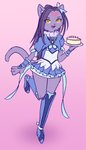 accessory anthro boots cake clothed clothing dessert dress female food footwear fur hair hair_accessory hair_ribbon kemono knee_boots knee_highs legwear looking_at_viewer open_mouth purple_body purple_fur purple_hair ribbons shoes simple_background solo yellow_eyes pyritie pretty_cure suite_precure ellen_kurokawa domestic_cat felid feline felis mammal 2020 digital_media_(artwork) hi_res