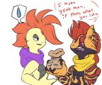 alternate_color anthro bag beelzemon_(artist) bodily_fluids dialogue duo english_text eye_contact fan_character gael_the_scrafty generation_5_pokemon humor looking_at_another male mohawk nintendo no_homo pokemon pokemon_(species) pun scrafty stated_heterosexuality stated_sexuality sweat sweatdrop text