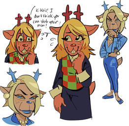 anthro antlers blonde_hair blue_clothing blue_eyes blue_lipstick blue_nails blue_nose bottomwear brown_body brown_fur buckteeth checkered checkered_clothing checkered_shirt checkered_topwear cleft clothing colored_nails dialogue duo ear_piercing ear_ring eyebrows eyelashes female footwear freckles fur hair half-closed_eyes horn jewelry lipstick looking_aside looking_at_viewer makeup mature_anthro mature_female nails narrowed_eyes necklace pants pattern_clothing pattern_shirt pattern_topwear piercing raised_eyebrow ring_piercing scut_tail shirt shoes short_tail simple_background smile speech_bubble standing sweater tail tan_body tan_fur teeth text topwear white_background wrinkles fr_frongg deltarune undertale_(series) carol_holiday noelle_holiday deer mammal new_world_deer reindeer colored hi_res daughter_(lore) mother_(lore) mother_and_child_(lore) mother_and_daughter_(lore) parent_(lore) parent_and_child_(lore) parent_and_daughter_(lore)