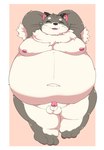 anthro balls belly big_belly erection eyes_closed fur genitals grey_body grey_fur kemono male moobs navel nipples obese obese_anthro obese_male overweight overweight_anthro overweight_male penis simple_background small_penis solo kusosensei cygames shadowverse meowskers felid feline mammal 2021 hi_res