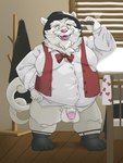 anthro balls belly big_belly bow_tie circumcised clothing detailed_background facial_hair flaccid genitals humanoid_genitalia humanoid_hands humanoid_penis inside kemono male mature_male mustache overweight overweight_male penis pink_nose pubes shirt solo topwear white_body bluewhale127 domestic_cat felid feline felis mammal 2022 3:4 hi_res