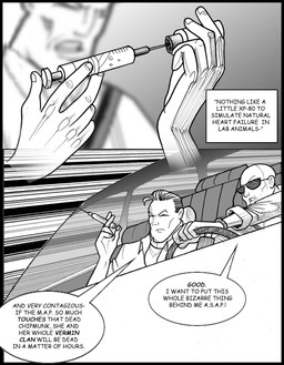 5_fingers bald car dialogue driving eyewear fingers human_only male narrowed_eyes not_furry poison speed_lines squint steering_wheel sunglasses syringe text vehicle chris_fischer human mammal comic english_text hi_res monochrome