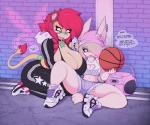 anthro ball basketball_(ball) beverage big_breasts blonde_hair blush boombox bottle bottomwear bra breasts brick_wall chav cleavage cleavage_cutout clothed clothing collar container curvy_figure cutout dialogue duo ear_piercing ebonics electronics female footwear hair heart_keyhole_bra heart_keyhole_clothing huge_breasts kerchief keyhole_bra keyhole_clothing keyhole_underwear piercing radio red_hair shoes shorts slang sports_bra text thick_thighs tracksuit underwear voluptuous wall_(structure) water_bottle wide_hips smokyjai apes_(apes) arin_(kragnos1302) felid lagomorph leporid lion mammal pantherine rabbit 2018 digital_media_(artwork) english_text hi_res