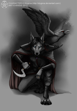 ambiguous_gender anthro beak black_body black_feathers black_hair black_sclera blue_eyes bottomwear cape claws clothed clothing dagger duo ear_piercing feathered_wings feathers feral fully_clothed fur grey_background grey_body grey_fur hair holding_object holding_weapon humanoid_hands jewelry kneeling looking_at_viewer male melee_weapon necklace pants piercing red_eyes ring scar shirt simple_background tail tail_feathers topwear tunic weapon wings anisis avian bird canid canine corvid corvus_(genus) crow mammal oscine passerine raven 2012 hi_res