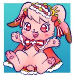 accessory anthro blush cape chibi clothing crown cupcake female food fruit head_tuft headgear open_mouth open_smile pawpads pink_body plant red_eyes ribbons simple_background smile solo strawberry tiara tuft pyritie puyo_puyo puyo_puyo_quest sega lagomorph leporid mammal rabbit 2021 digital_media_(artwork) hi_res