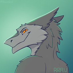 anthro close-up fur grey_body grey_fur looking_at_viewer looking_back looking_back_at_viewer male orange_eyes pupils slit_pupils smile solo romavoid thomas_takayama sergal 1:1