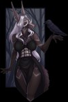 anthro black_body black_feathers black_sclera breasts clothed clothing duo ear_piercing ear_ring eyebrows eyelashes feathered_wings feathers female hair piercing red_eyes ring_piercing smile white_hair wings archery_(artist) avian bird 2022 alpha_channel digital_media_(artwork) hi_res