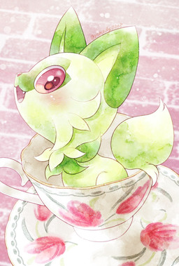 ambiguous_gender blush blush_lines container cup fangs feral fur green_body green_fur in_container in_cup looking_at_viewer open_mouth pink_eyes solo tail teeth tongue remedy0308 nintendo pokemon felid feline generation_9_pokemon mammal pokemon_(species) sprigatito 2024 hi_res signature