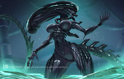 biped black_body black_tail breasts claws female finger_claws fingers nude nude_female open_mouth solo tail teeth text alanscampos alien_(franchise) alien xenomorph 2025 digital_drawing_(artwork) digital_media_(artwork) hi_res url